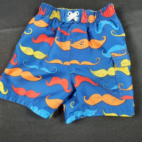 Size 3T Boys OP Blue w/ Multicolored Mustache Swim Trunks Cute Funny Adorable - Picture 1 of 4